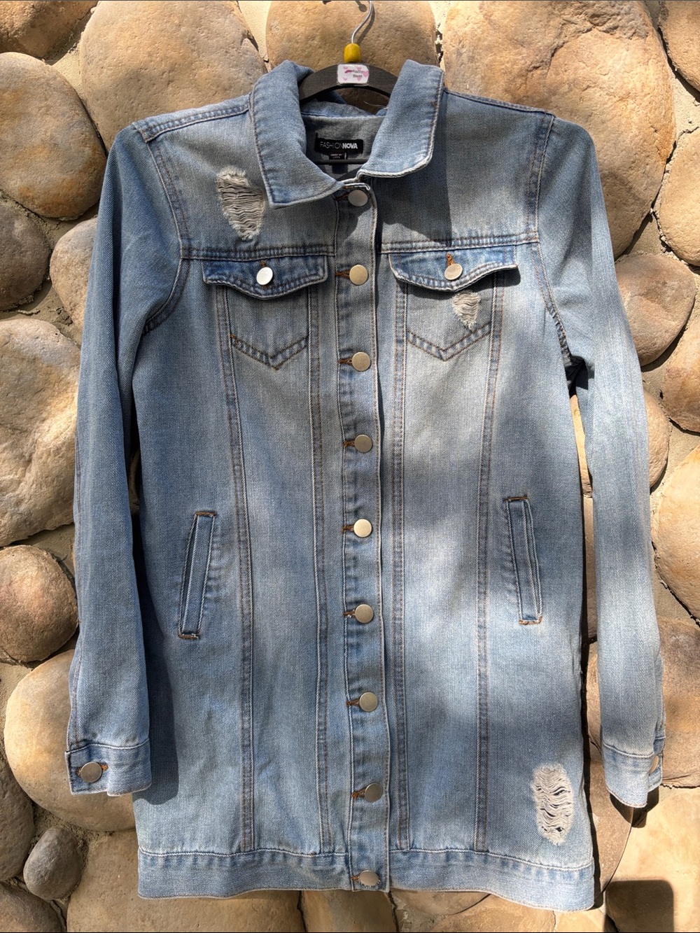 Fashion Nova Light Blue Distressed Long Denim Jacket